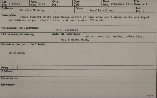 Documentation associated with Hearst Museum object titled Table runner, accession number 2-68454, no description available.
