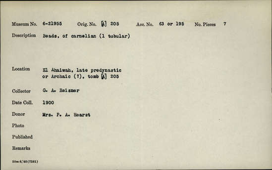 Documentation associated with Hearst Museum object titled Beads, accession number 6-21955, described as Beads, of carnelian ( 1 tubular).