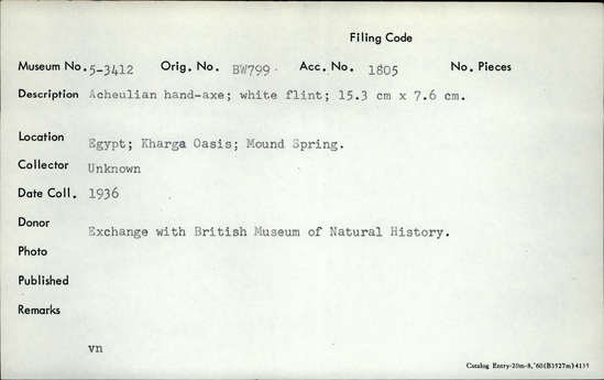 Documentation associated with Hearst Museum object titled Handaxe, accession number 5-3412, described as Acheulian hand-axe; white flint.