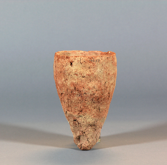 Hearst Museum object titled Beer cup, accession number 6-16643, described as Pottery: rough, reddish, jar; cup-like, pointed bottom, largest diameter: 10, height: 16 cm