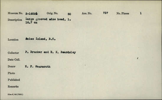 Documentation associated with Hearst Museum object titled Adze blade, accession number 2-16026, described as Large grooved edge head.