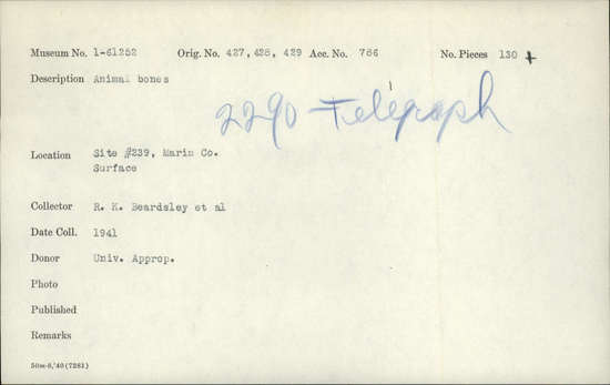 Documentation associated with Hearst Museum object titled Faunal remains, accession number 1-61252, described as 100+ bone fragments + 3 teeth