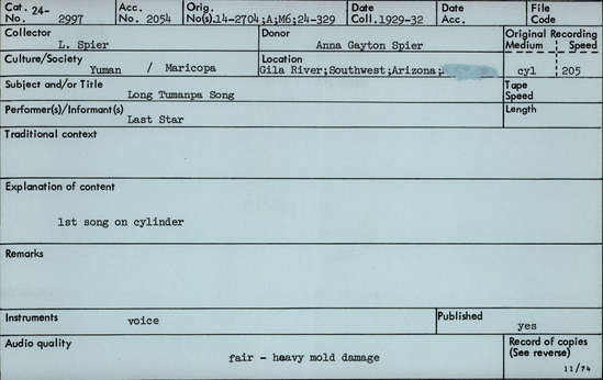 Documentation associated with Hearst Museum object titled Audio recording, accession number 24-2997, described as Long Tumanpa Song