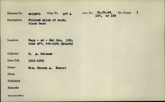 Documentation associated with Hearst Museum object titled Stick, accession number 6-13978, described as Pointed stick of wood; black band.