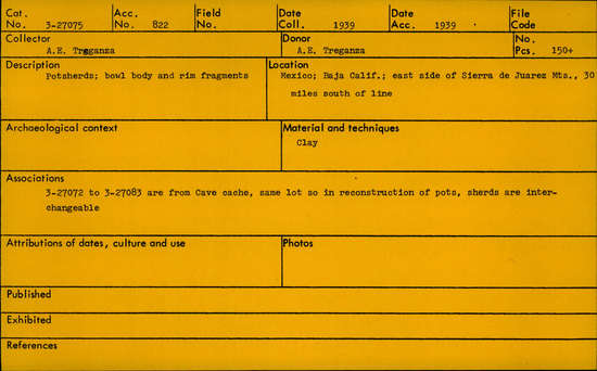 Documentation associated with Hearst Museum object titled Bowl fragments, accession number 3-27075, described as Potsherds, body/rim fragments from bowl.