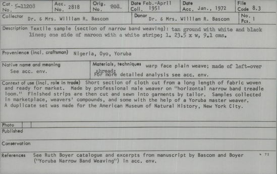 Documentation associated with Hearst Museum object titled Textile fragment, accession number 5-11208, described as textile sample (section of narrow band weaving): tan ground with white and black lines; one side of maroon with a white stripe.