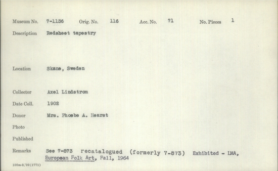 Documentation associated with Hearst Museum object titled Tapestry, accession number 7-1136, described as Redsheet tapestry