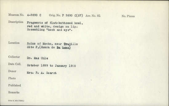 Documentation associated with Hearst Museum object titled Broken bowl, accession number 4-2690c, described as Bowls: Sherds