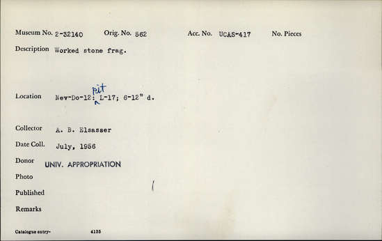 Documentation associated with Hearst Museum object titled Stone object fragment, accession number 2-32140, described as Worked stone.