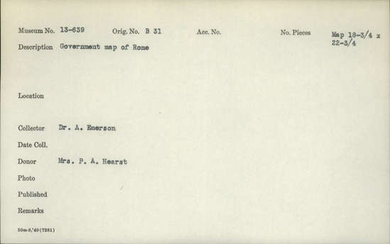 Documentation associated with Hearst Museum object titled Map, accession number 13-639, described as Government map of Rome.