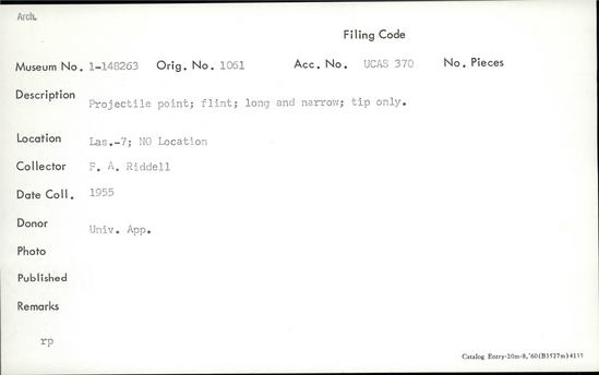 Documentation associated with Hearst Museum object titled Projectile point fragment, accession number 1-148263, described as Flint, long and narrow; tip only.