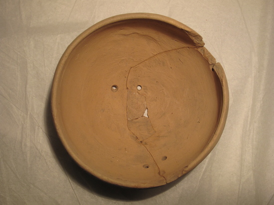 Hearst Museum object 27 of 48 titled Broken bowl, accession number 6-5108, described as Pottery: buff bowl, broken 5 small holes, slow ancient repairing; diameter 14 cm, height 8 cm.