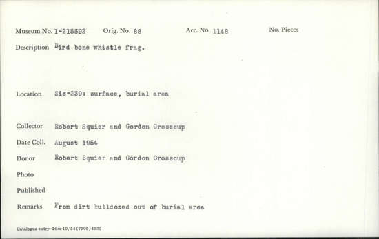 Documentation associated with Hearst Museum object titled Whistle fragment, accession number 1-215592, described as Bird bone.