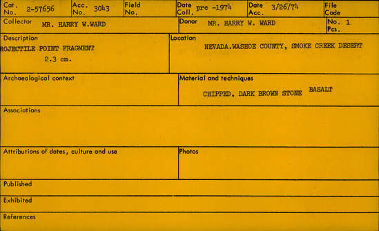 Documentation associated with Hearst Museum object titled Projectile point fragment, accession number 2-57656, described as Projectile point fragment, 2.3 cm. Chipped, dark brown stone, basalt.
