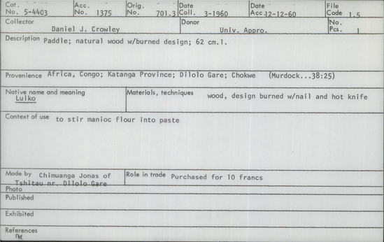 Documentation associated with Hearst Museum object titled Paddle, accession number 5-4403, described as Paddle; natural wood with burned design; 62 cm l.