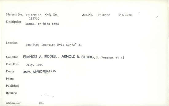 Documentation associated with Hearst Museum object titled Faunal remains, accession number 1-113300, described as Mammal or bird.