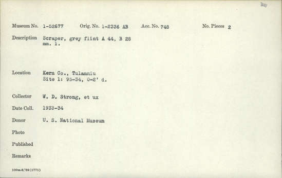 Documentation associated with Hearst Museum object titled Scrapers, accession number 1-52677, described as Grey flint.
