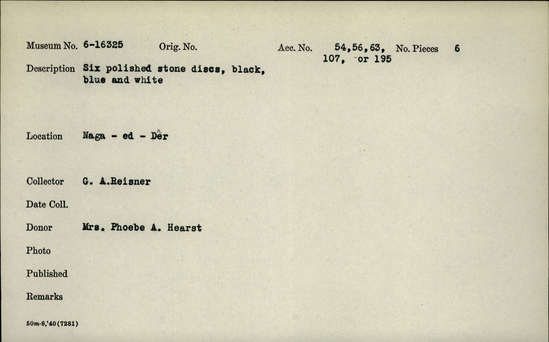 Documentation associated with Hearst Museum object titled Beads, accession number 6-16325, described as Six polished stone discs, black, blue, and white.