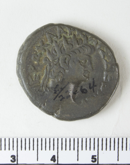 Hearst Museum object 3 of 6 titled Coin: billon tetradrachm, accession number 6-22664, described as Obverse; Head of Nero, r. radiate:  Reverse; Bust of Alexandria, r. to right