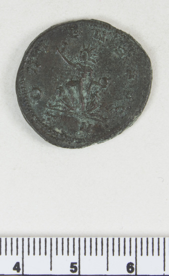 Hearst Museum object 3 of 8 titled Coin: billon antoninianus, accession number 8-4068, described as Coin; Billon; Antoninianus; Roman. 5.40 grams, 26 mm. Aurelian, 270-275 AD. Rome, Italy. Obverse: IMP C AVRELIANVS, Bust r. radiate. Reverse: ORIENS AVG, Sol l., between two captives, in exergue T M