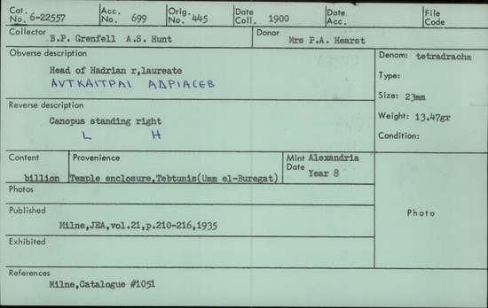 Documentation associated with Hearst Museum object titled Coin: billon tetradrachm, accession number 6-22557, described as Head of Hadrian, r., laureate