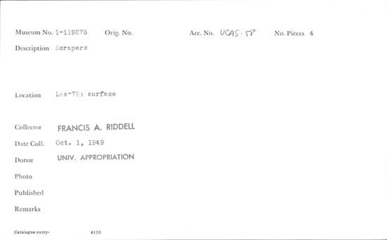 Documentation associated with Hearst Museum object titled Scrapers, accession number 1-119275, described as Scrapers.