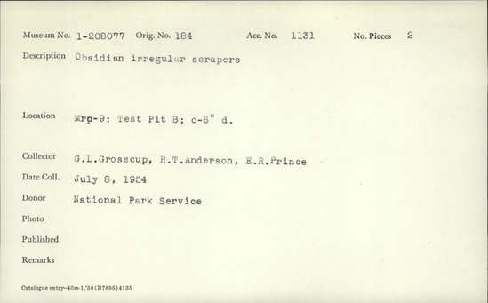 Documentation associated with Hearst Museum object titled Scrapers, accession number 1-208077, described as 2 obsidian irregular scrapers