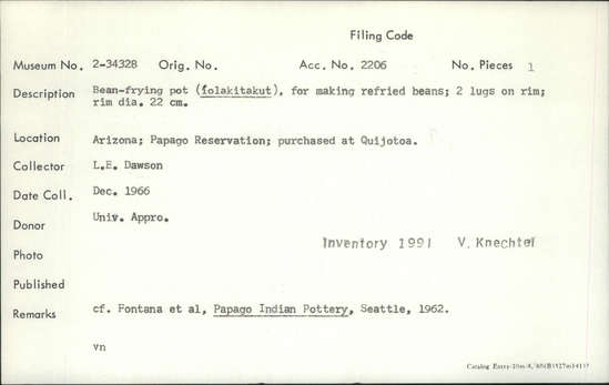 Documentation associated with Hearst Museum object titled Pot, accession number 2-34328, described as Bean-frying pot (folakitakut), for making refried beans; 2 lugs on rim. Rim diameter 22 cm