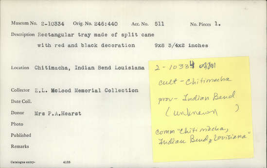 Documentation associated with Hearst Museum object titled Rectangular tray, accession number 2-10334, described as Tray, rectangular; made of split cane. Red and black decoration.