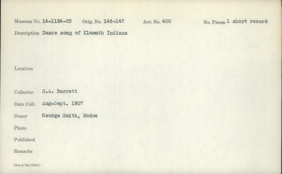 Documentation associated with Hearst Museum object titled Wax cylinder recording, accession number 14-1124, described as Dance Song of Klamath Indians Notice: Image restricted due to its potentially sensitive nature. Contact Museum to request access.