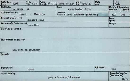 Documentation associated with Hearst Museum object titled Audio recording, accession number 24-2996, described as Buzzard Song