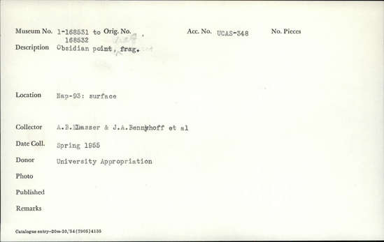 Documentation associated with Hearst Museum object titled Point fragment, accession number 1-168532, described as Obsidian.