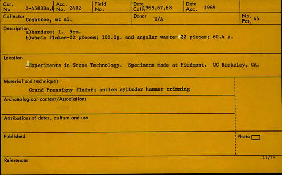 Documentation associated with Hearst Museum object titled Handaxe (reproduction), accession number 2-45838, described as a) handaxe; length: 9 cm. b) whole flakes- 22 pieces; 100.2 grams. and angular waste- 22 pieces; 60.4 grams.