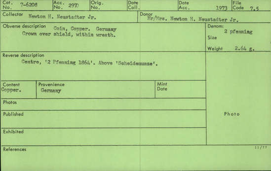 Documentation associated with Hearst Museum object titled Coin, accession number 7-6208, described as German coin, copper, two pfennig, obverse crown over shield, within wreath, reverse center "2 PFENNIG 1864", above "SCHEIDEMUNZE".