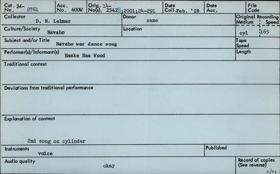 Documentation associated with Hearst Museum object titled Audio recording, accession number 24-2761, described as Navajo War Dance Song