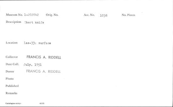 Documentation associated with Hearst Museum object titled Knife, accession number 1-202042, described as Chert.