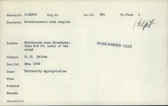 Documentation associated with Hearst Museum object titled Rock, accession number 1-14900, described as Miscellaneous rock samples. Notice: Image restricted due to its potentially sensitive nature. Contact Museum to request access.