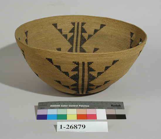 Hearst Museum object titled Bowl basket, accession number 1-26879, described as Coiled, large flaring bowl.  Tree-like pattern in black.