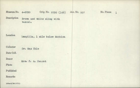 Documentation associated with Hearst Museum object titled Sling, accession number 4-8230, no description available.