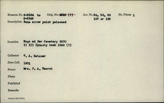 Documentation associated with Hearst Museum object titled Arrowhead, accession number 6-2344, described as Bone arrow point poisoned