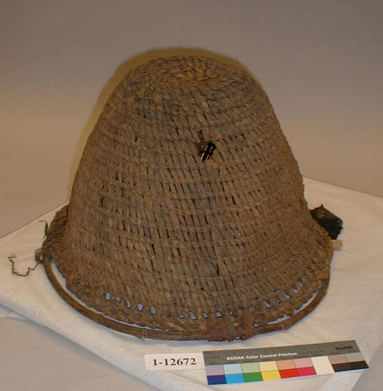 Hearst Museum object titled Berry basket, accession number 1-12672, described as Burden basket; twined. Rim of willow (Salix) fastened with cloth and willow bark.