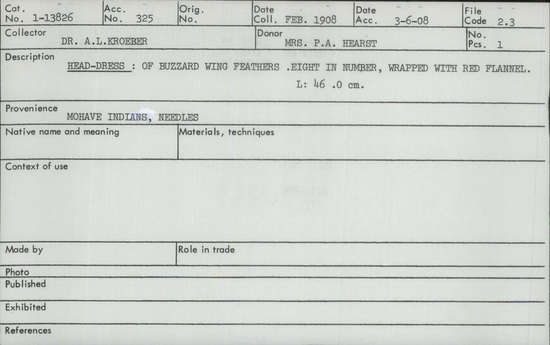 Documentation associated with Hearst Museum object titled Headdress, accession number 1-13826, described as Made of buzzard wing feathers, eight in number, wrapped with red flannel.