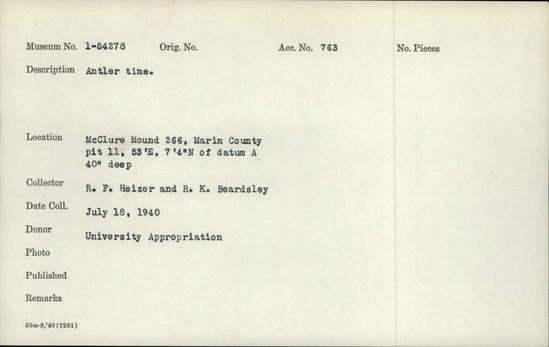 Documentation associated with Hearst Museum object titled Antler tine, accession number 1-54278, described as Antler tine.