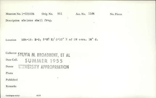 Documentation associated with Hearst Museum object titled Shell fragment, accession number 1-220534, described as Abalone shell fragment.