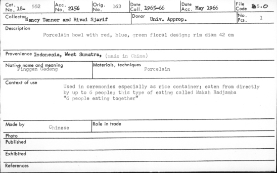 Documentation associated with Hearst Museum object titled Porcelain bowl, accession number 18-552, described as porcelain bowl with red, blue, green floral design;  rim diam 42 cm.