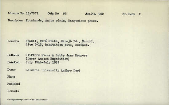 Documentation associated with Hearst Museum object titled Potsherds, accession number 16-7371, described as Potsherds, Anjos plain