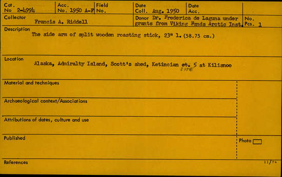 Documentation associated with Hearst Museum object titled Roasting stick, accession number 2-4994, described as The side arm of split wooden roasting stick.