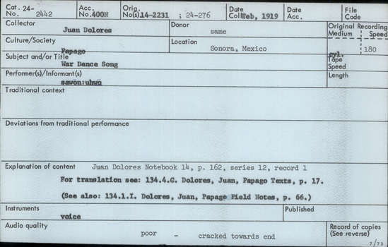 Documentation associated with Hearst Museum object titled Audio recording, accession number 24-2442, described as War Dance Song Notebook 14, p.162 Series 12, Record 1