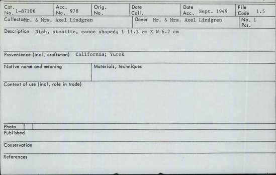 Documentation associated with Hearst Museum object titled Dish, accession number 1-87106, described as Steatite, canoe shaped dish.