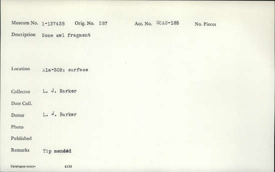 Documentation associated with Hearst Museum object titled Awl fragment, accession number 1-137438, described as Bone awl fragment.